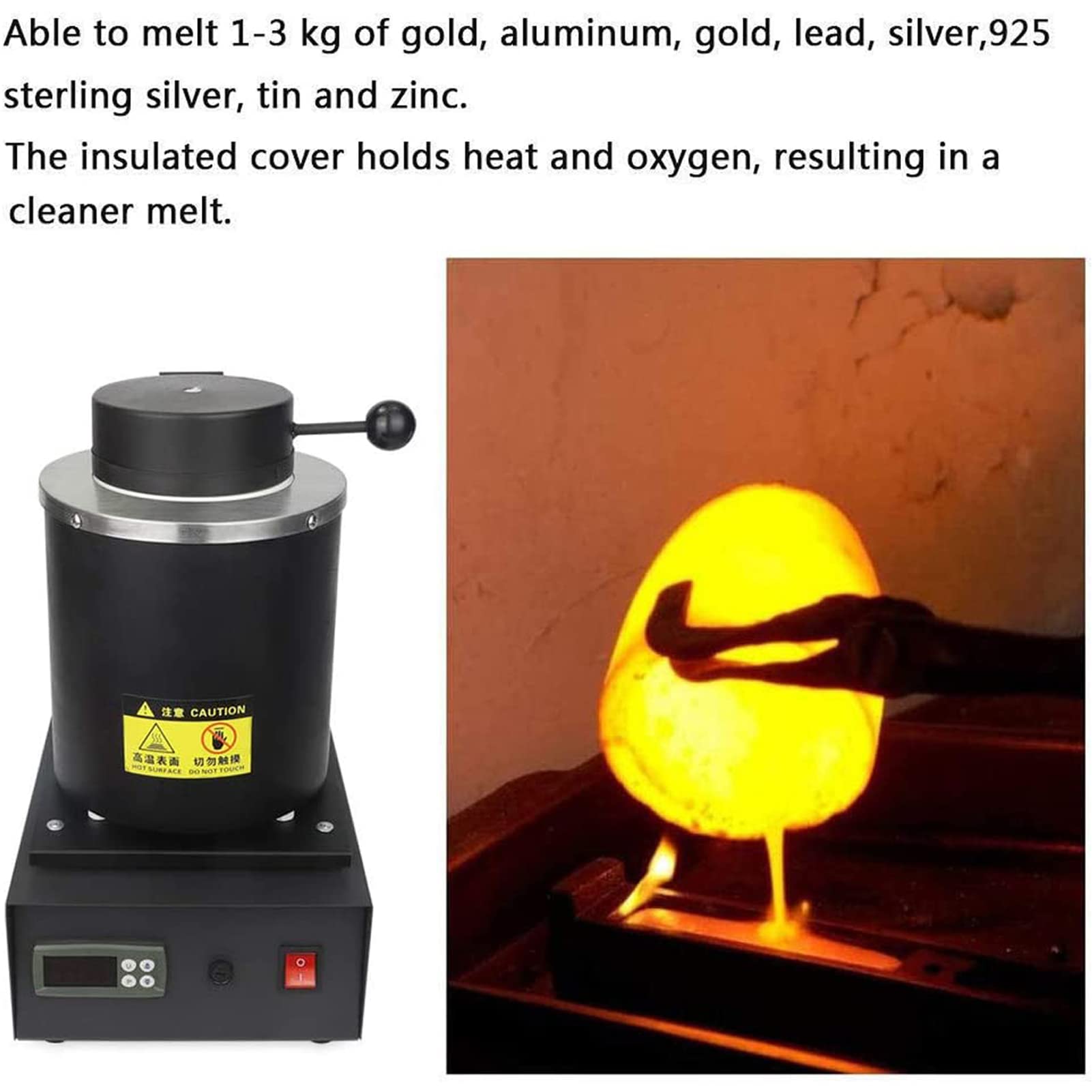 FAXIOAWA Forno di Fusione dell'Oro da 1750 W, Forno di Fusione Digitale Automatico da 1150 ℃/2102 ℉ con Crogiolo di Grafite per Metalli Preziosi, Oro, Argento e Gioielli