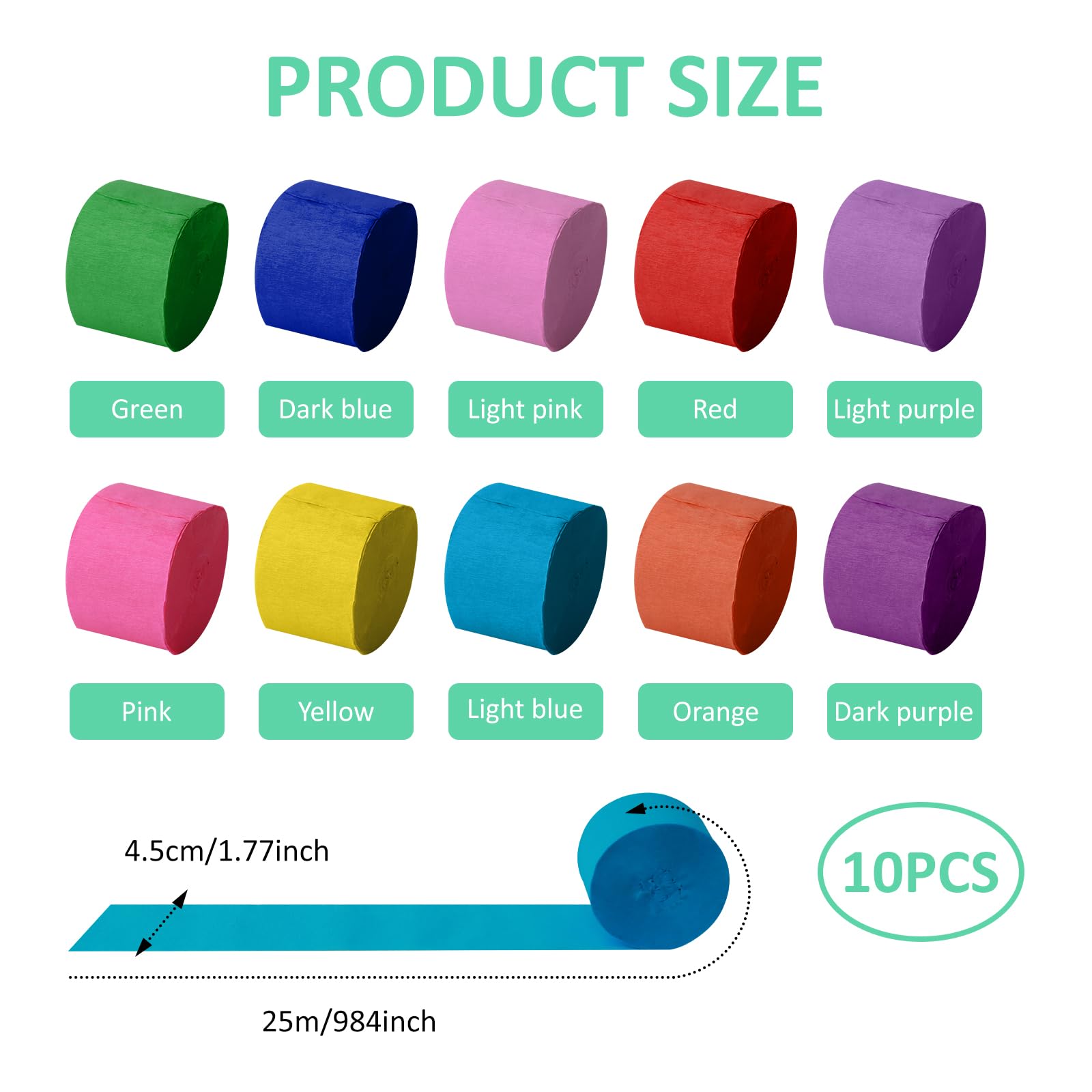 Set De 10 Rouleaux De Papier Crepon Coloré, Papier Crépon 4,5