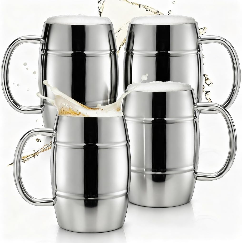 Goaste 4 Pack Stainless Steel Barrel Mugs, 15 OZ Double Walled Beer Stein with Strong Handle, Heat Insulated Metal Drinking Cup, Coffee Tea Camping Travel Tumblers for Hot or Cold Beverages