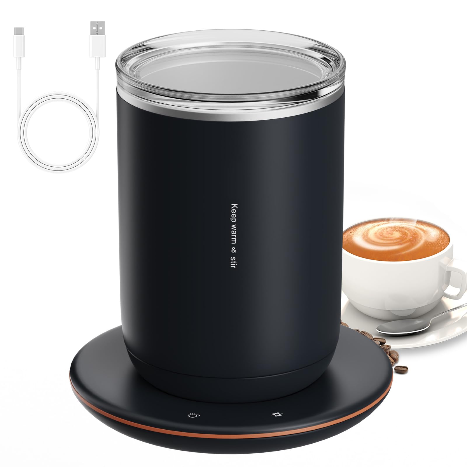 Dioche Taza de café con Agitación Automática 2 en 1, Calentador de Taza a Temperatura Constante de 55 ℃, con Agitación Automática Magnética de 10 W, de Acero Inoxidable con Aislamiento de 300 (Black)
