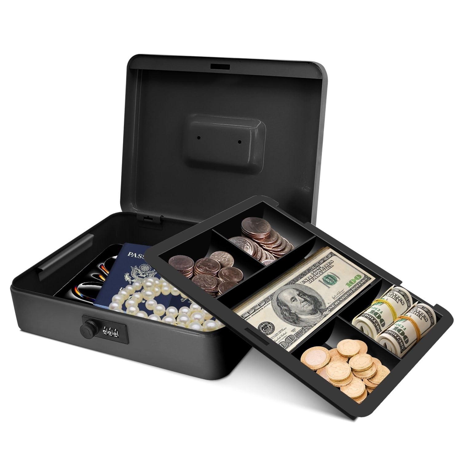 Flexzion Black Cash Box With Combination Lock - Metal Cash Box With Money Tray And Lock - 5-Compartment Money Lock Box For Cash, Petty Cash, Checks, Coins, 11.8"X 9.4"X 3.5",