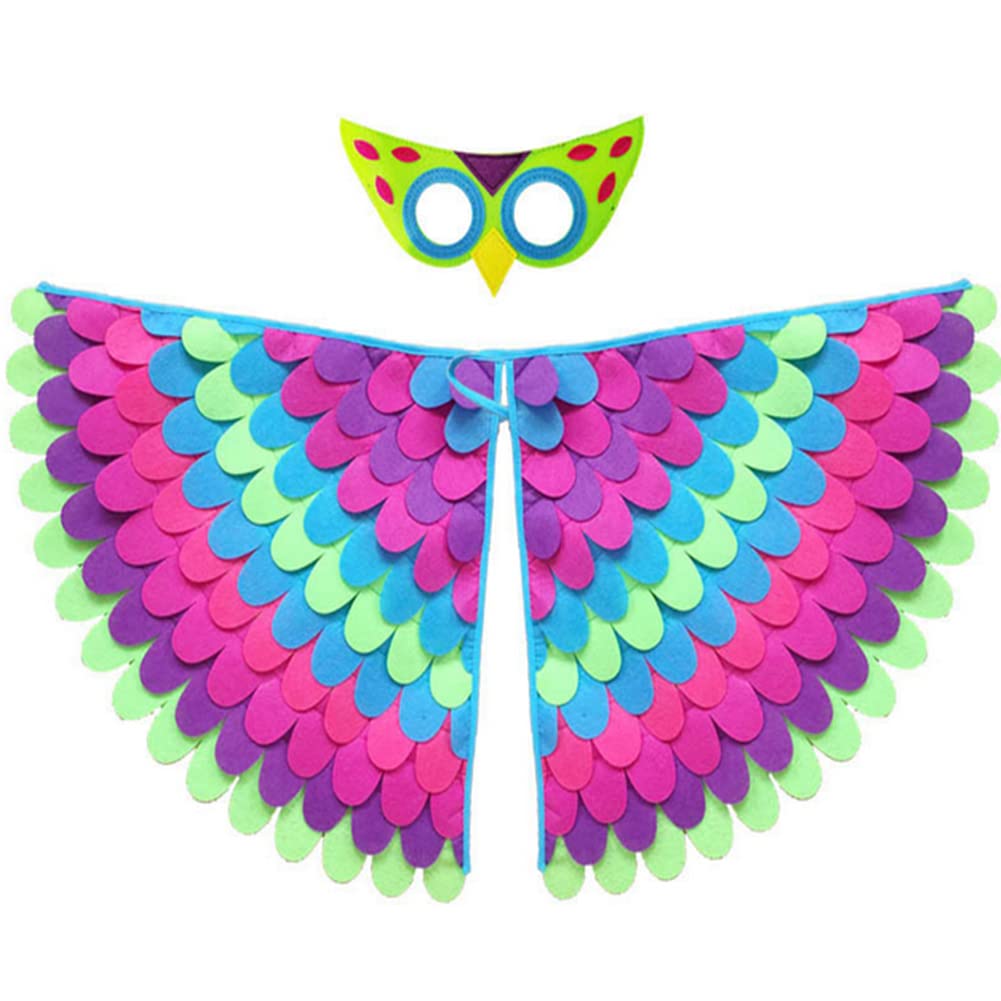 Proumhang Kids Bird Wings Costume for Age 3~8 Years,Bird Owl and Peacock Masque Owl Dress Up,Boys Girls Felt Eye Masque and Wings Set,Halloween Colorful Fancy Dress