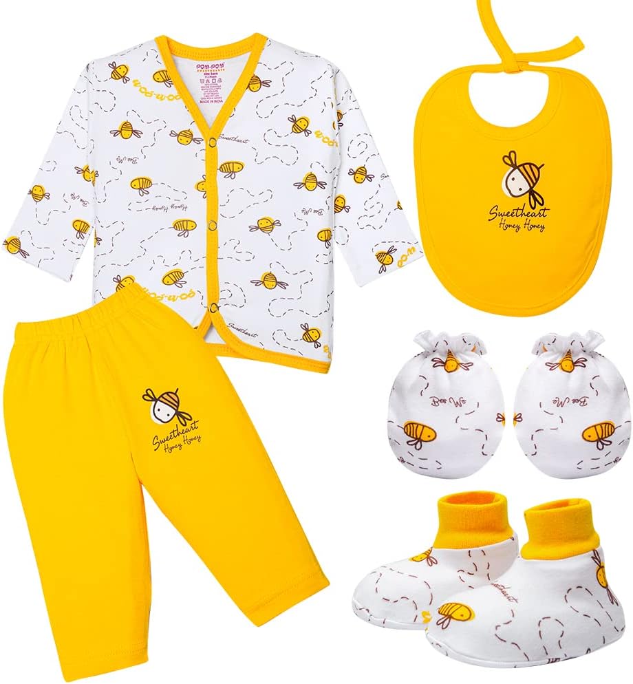 100% Cotton Hosiery Newborn Baby Gift Set – 5-Piece Clothing Combo Gift Pack for Boys & Girls – FullSleeve T-Shirt, Pant/Pajama, Mittens, Bootees, Bib – Yellow (New Born)