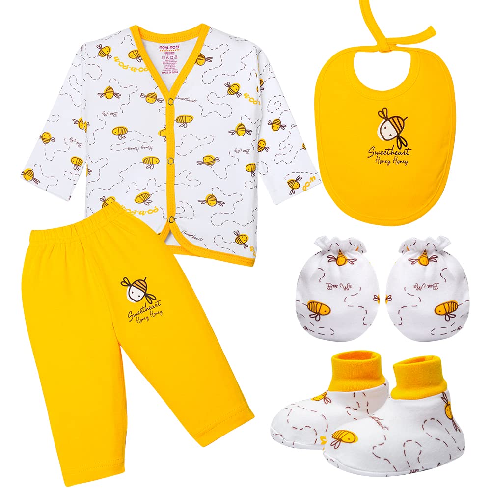 100% Cotton Hosiery Newborn Baby Gift Set – 5-Piece Clothing Combo Gift Pack for Boys & Girls – FullSleeve T-Shirt, Pant/Pajama, Mittens, Bootees, Bib – Yellow (New Born)