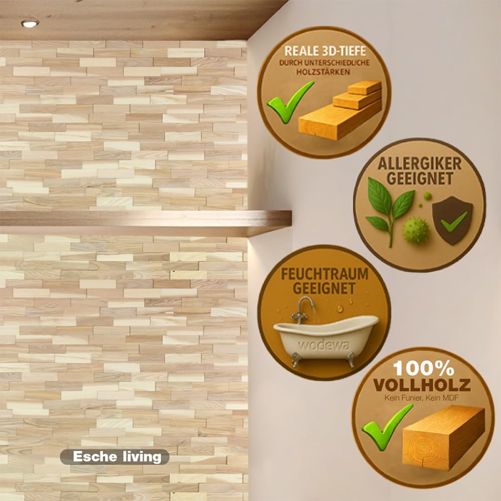 wodewa Rivestimento Murale Legno di Frassino I 1m² Pannelli Murali Rivestimento Parete Legno Decorazioni Pareti 3D Pannello Decorativo Cucina Cameretta