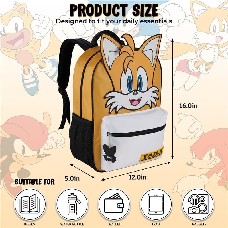 AI ACCESSORY INNOVATIONS Sonic The Hedgehog Backpack for Boys & Girls, Tails Big Face 16 Inch Schoolbag with Tails Rubber Molded Dangle, Yellow - Image 4