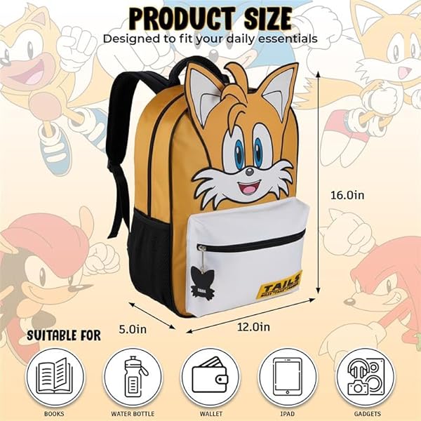 AI ACCESSORY INNOVATIONS Sonic The Hedgehog Backpack for Boys & Girls, Tails Big Face 16 Inch Schoolbag with Tails Rubber Molded Dangle, Yellow by AI ACCESSORY INNOVATIONS - Image 4