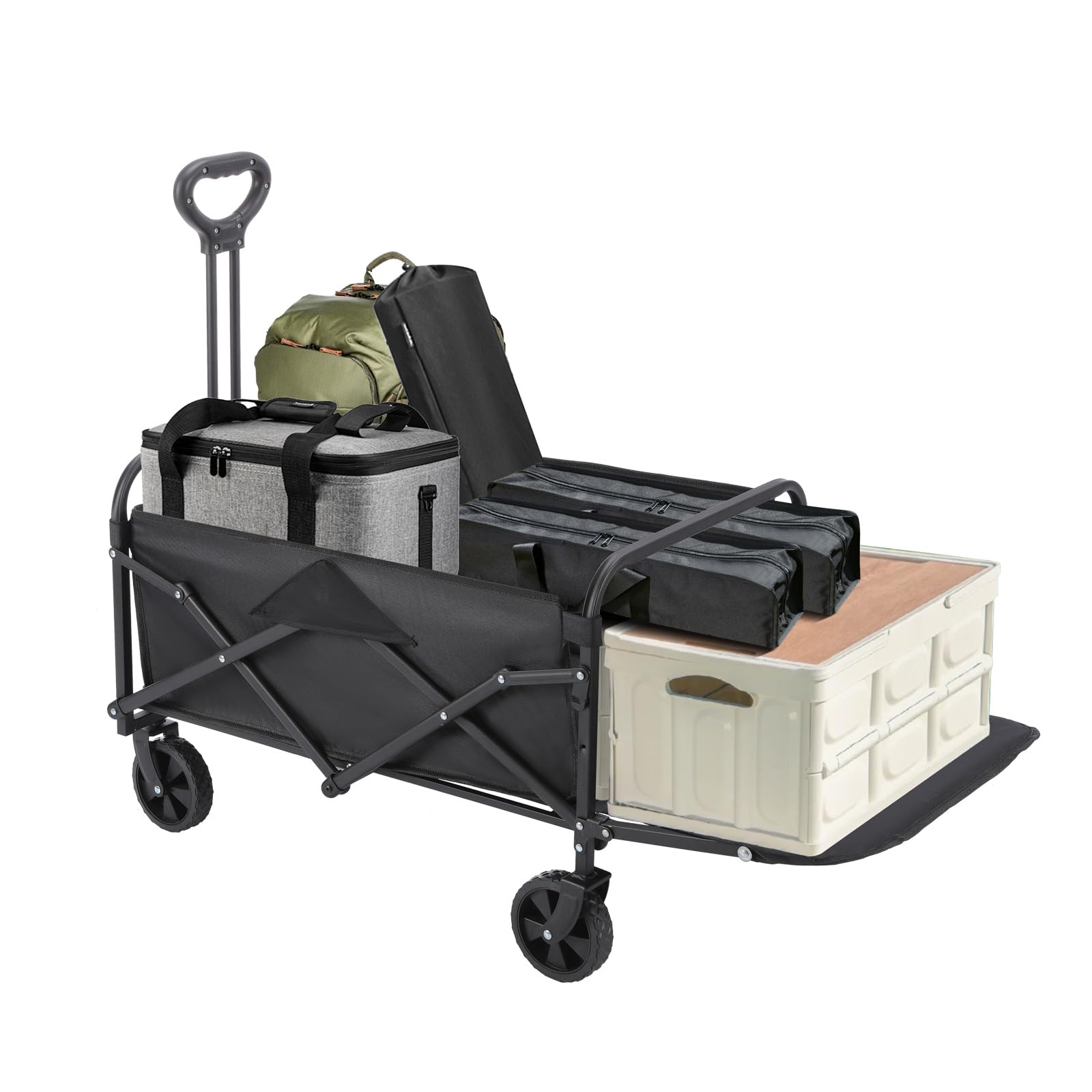 Collapsible Foldable Wagon Carts with Tailgate, Beach Cart Large Capacity, Heavy Duty Folding Wagon Portable, Adjustable Handle, Cup Holders for Camping, Shopping, Garden, Sports, Black