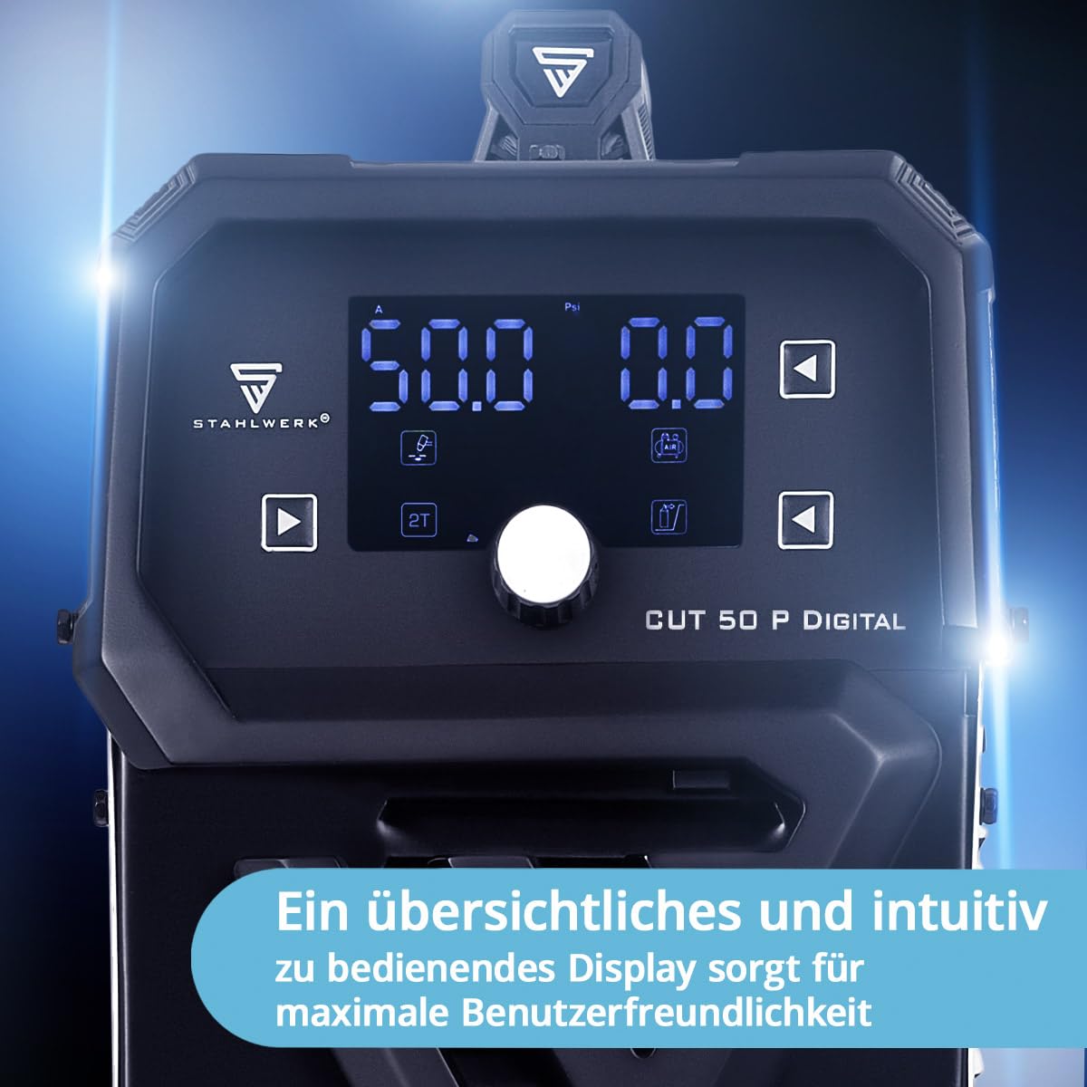 STAHLWERK Plasmaschneider CUT 50 P Digital – Plasmaschneidgerät mit 50 A, Schneidleistung bis 20 mm, HF-Pilotzündung, THC-Schnittstelle für CNC-Höhenregelung, Inverter Plasma Cutter