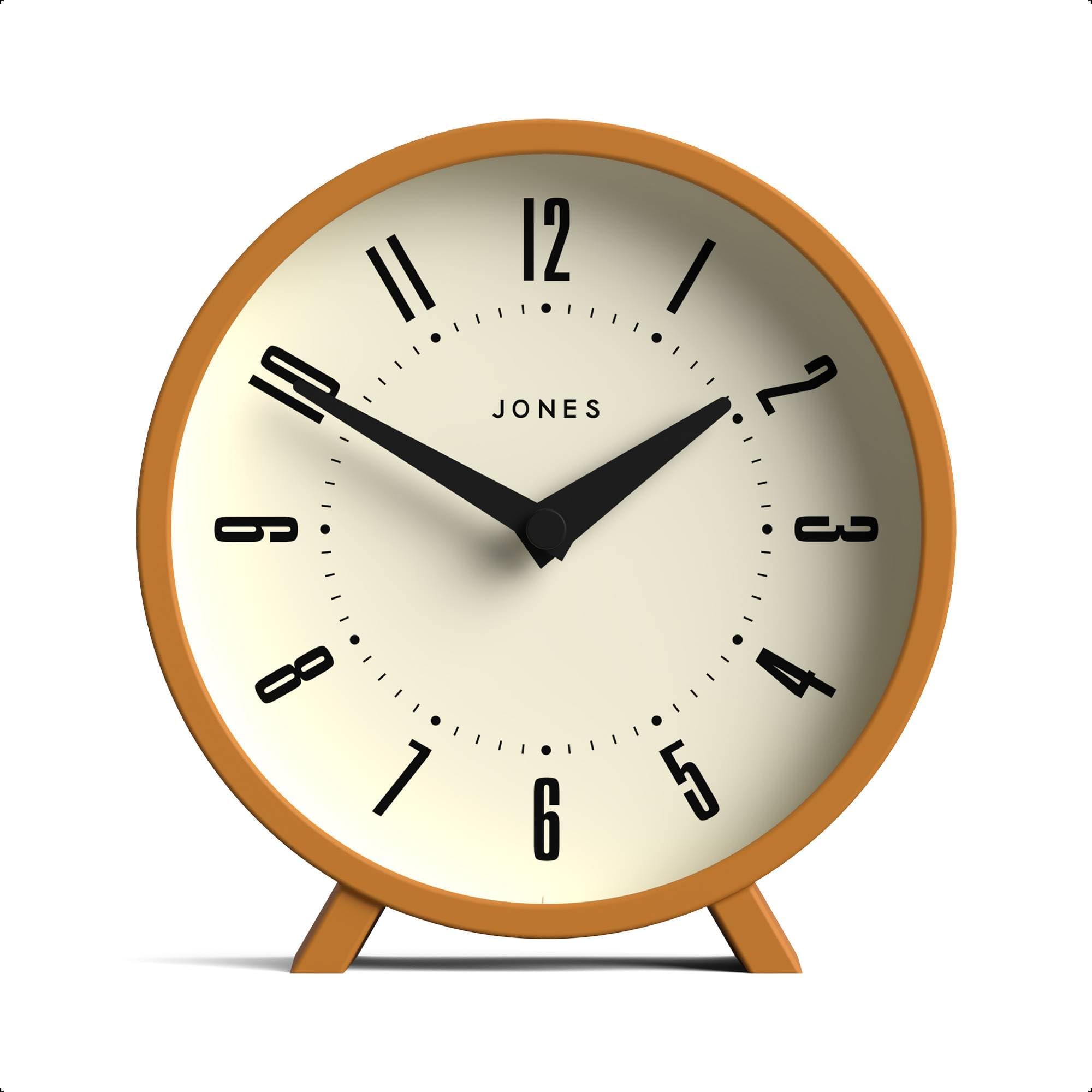 JONES CLOCKS® Venus Desk Clock | Modern Round Design | Mustard Yellow | Stylish Retro Look for Shelf, Table, Mantel or Bedside