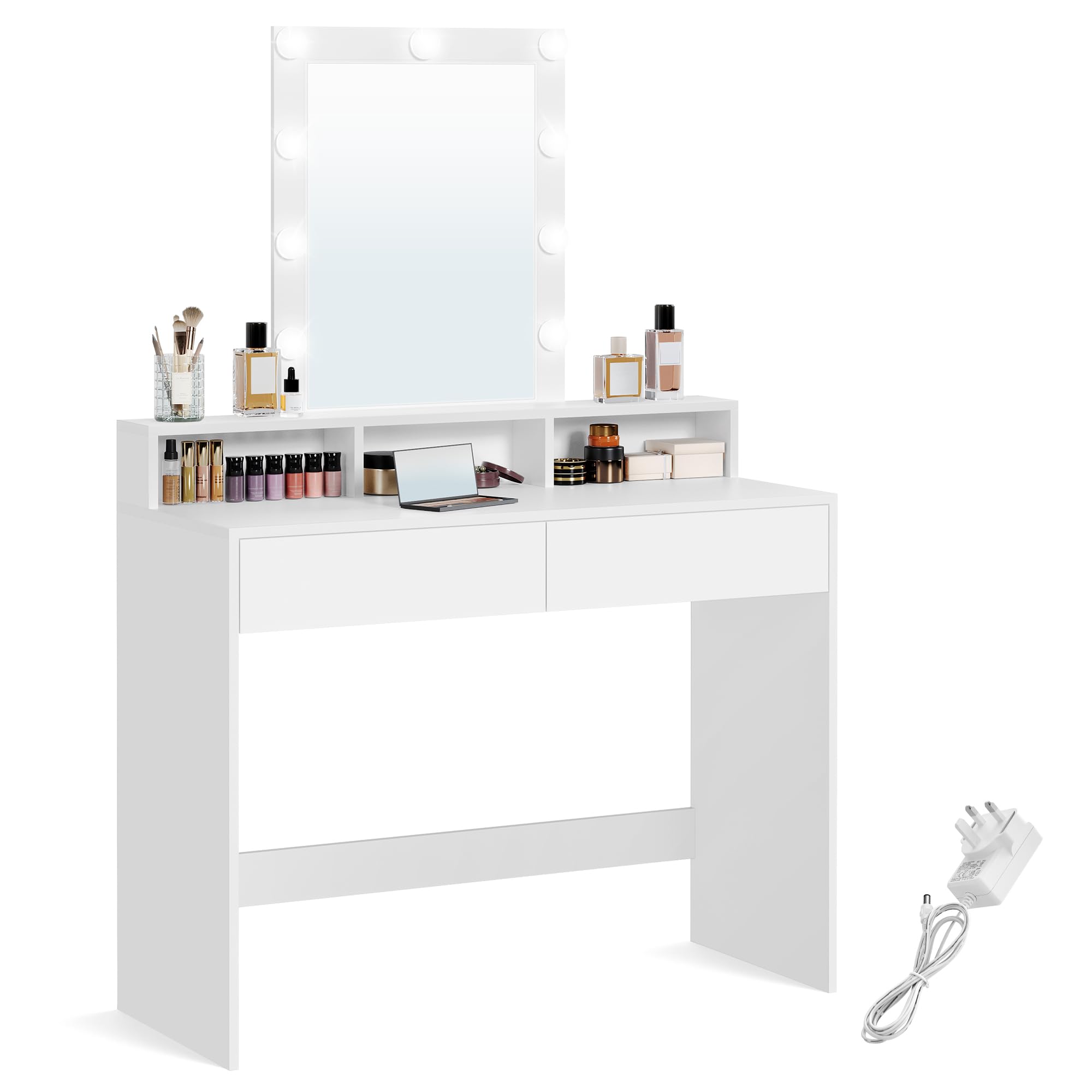 VASAGLE Collection - Dressing Table with Large Mirror, LED Light with Adjustable Brightness, Vanity Table with 2 Drawers and 3 Compartments, Makeup Table, Modern, White KAILYN RDT694W01