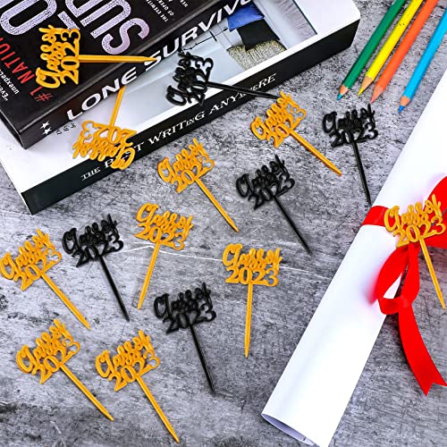 100 Pieces Class Of 2023 Cake Toppers Graduation Cap Toppers Plastic Picks Graduation Cupcake Decorations Party Supplies Graduation Party Favors (Gold, Black) #TOP3
