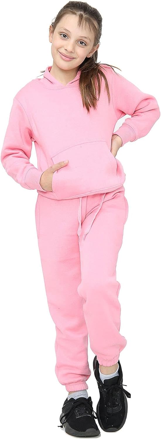 Kids Girls Boys Plain Tracksuit Hooded Hoodie Bottom Jog Suit Joggers 5-13 Years Baby Pink