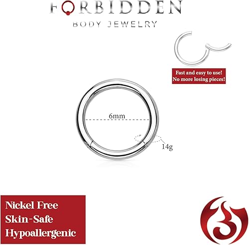 Miniatura 13 de Forbidden Body Jewelry - Piercing para la nariz de acero quirúrgico 316L con bisagra, 14G, 16G, 18G, diámetro de 15/64, 5/16, 25/64, 15/32 pulgadas