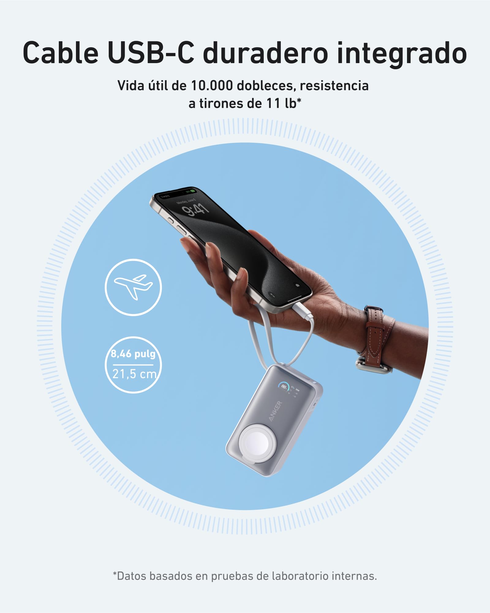 Anker MagGo Power Bank para Apple Watch, 10.000 mAh, 35 W máx. | Con certificación oficial y cable USB C integrado, para iPhone serie 17/16/15, Samsung, iPad y AirPods