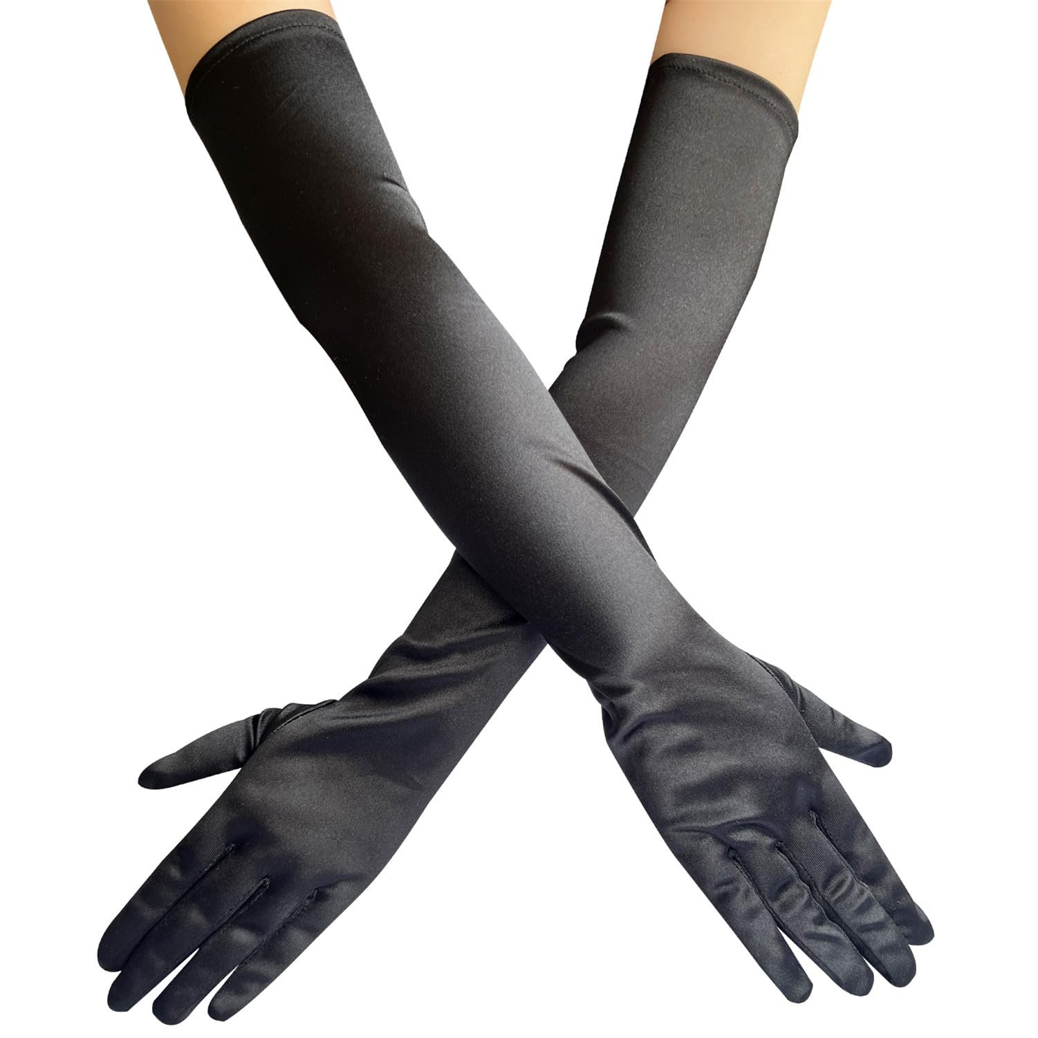 10 Paar Damen Satin Lange Handschuhe, Women’s Gloves, Ellenbogenhandschuhe, Fingerhandschuhe, 1920er Handschuhe, Braut Tanzhandschuhe, Opernhandschuhe Dehnbare, Tüll Handschuhe (Schwarz)
