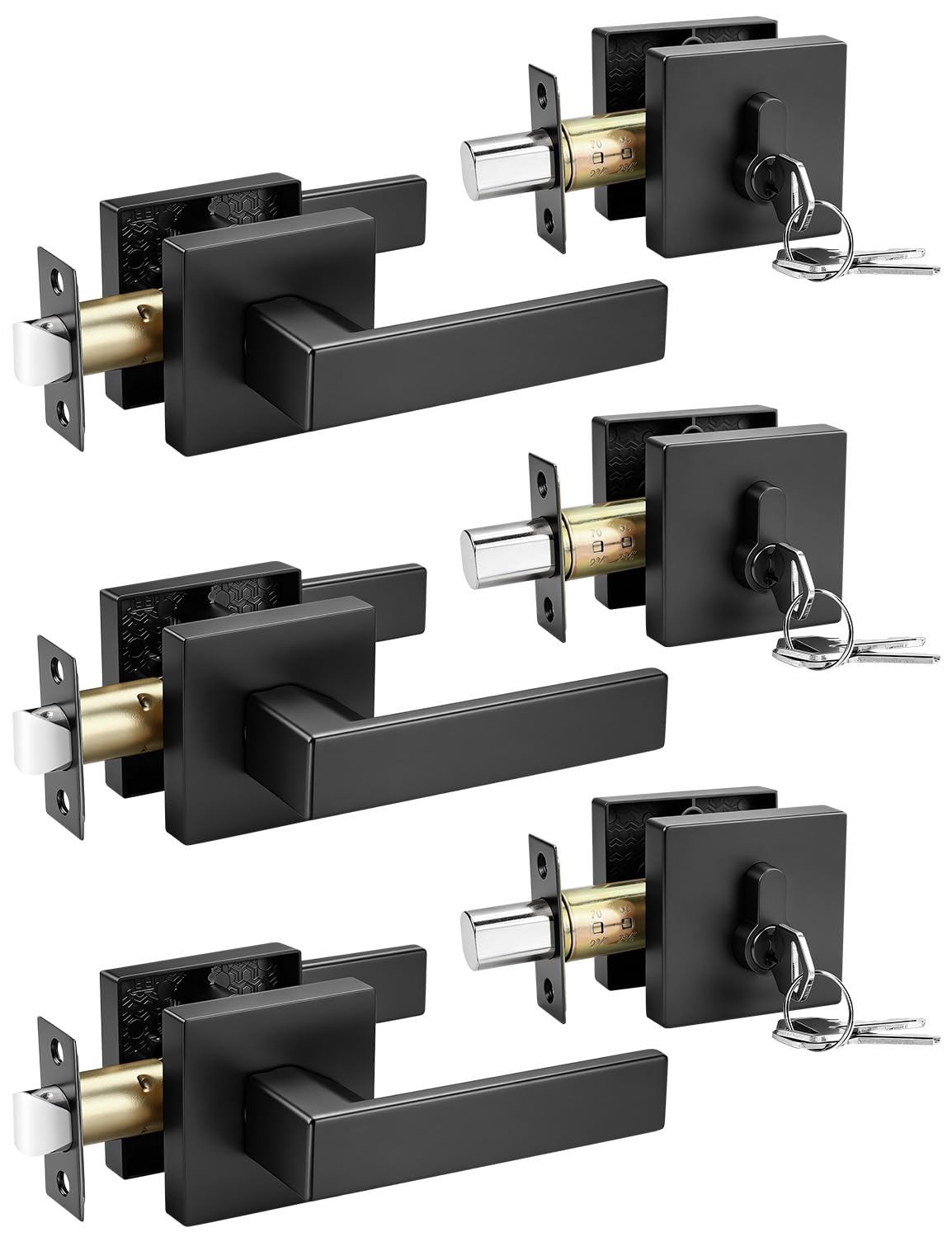 Tinewa 3 Pack Black Passage Door Lever with Single Cylinder Deadbolt, Exterior Square Door Handle with Deadbolt, Modern Door Lock Handleset Keyed Alike