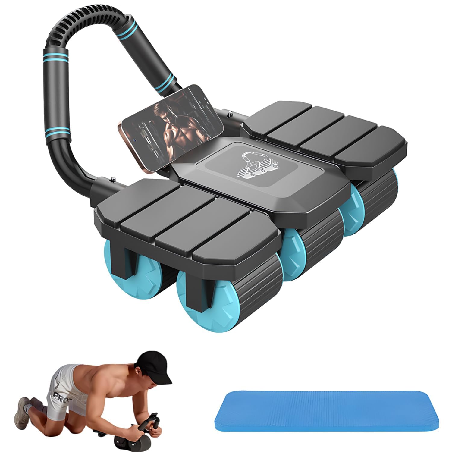 Automatyczny wałek do ćwiczeń mięśni brzucha z 6 kółkami, do treningu mięśni brzucha, 150 kg, Heavy Duty Core Trainer, z uchwytem na telefon