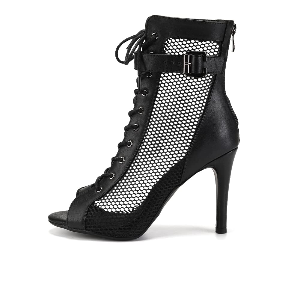 VCIXXVCE Women's Ballroom Dance Heels Booties Peep Toe Mesh Latin Salsa Dancing Boots with 4 Inch Heels