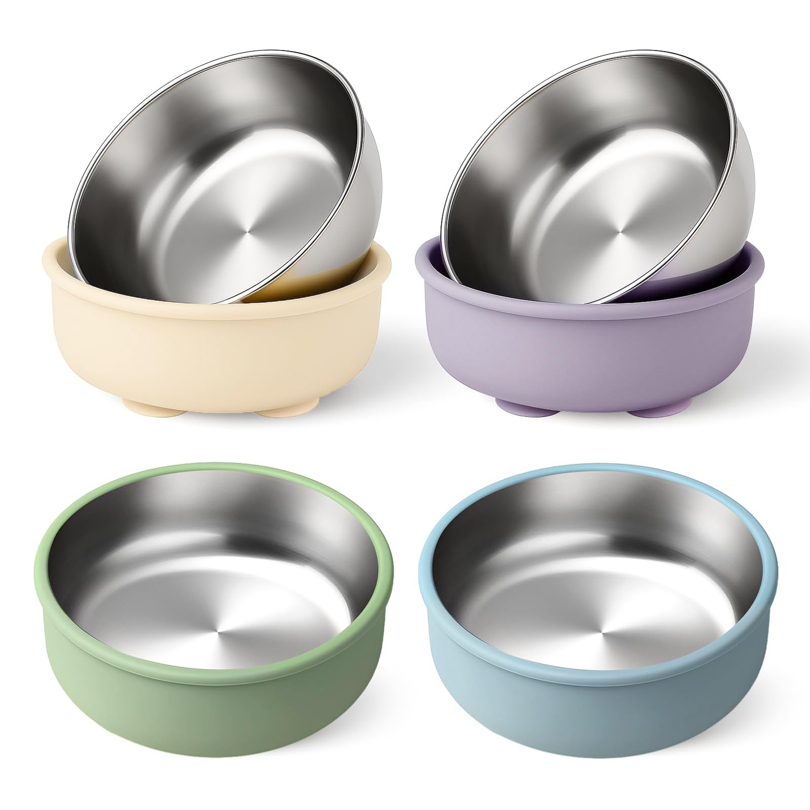Kabwea Set di 4 piatti e ciotole a ventosa per bambini, ciotola in silicone rimovibile, ciotola in acciaio inox, piatto in acciaio per bambini, piatto con ventosa, piatto per bambini
