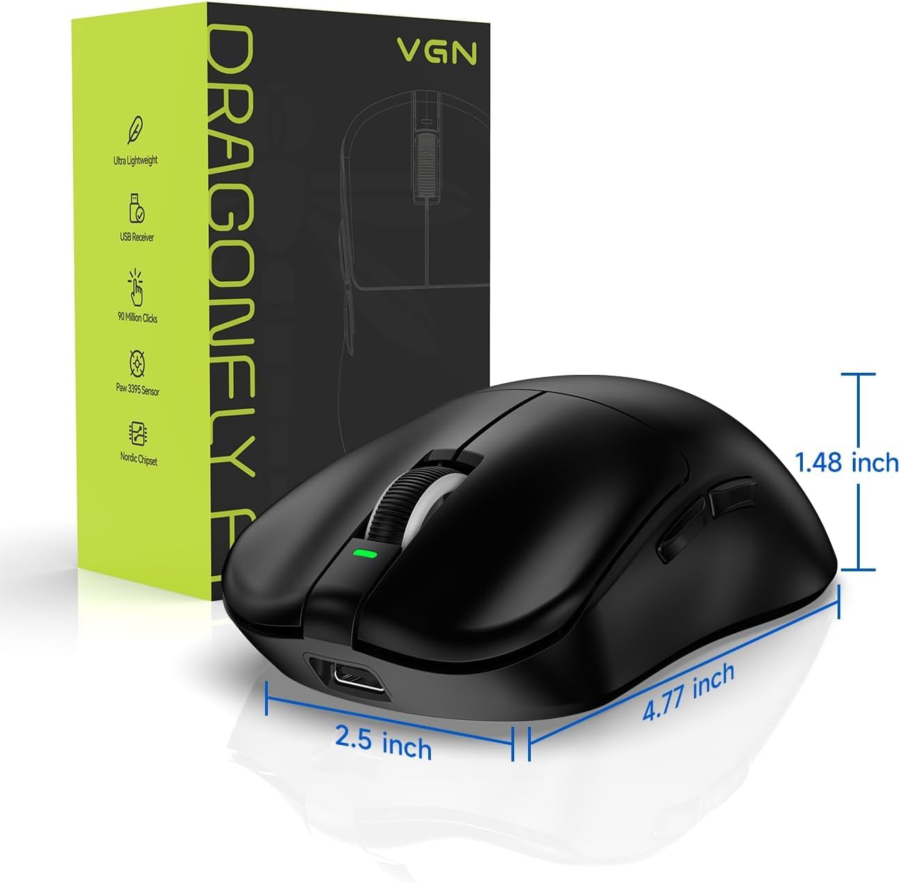 VGN Ratón inalámbrico para juegos F1, 26.000 DPI, alta precisión, 55 g, ligero, tasa de sondeo 4K, duración de la batería de 200 horas, 6 botones programables, carga USB-C, para PC/Mac/portátil, negro