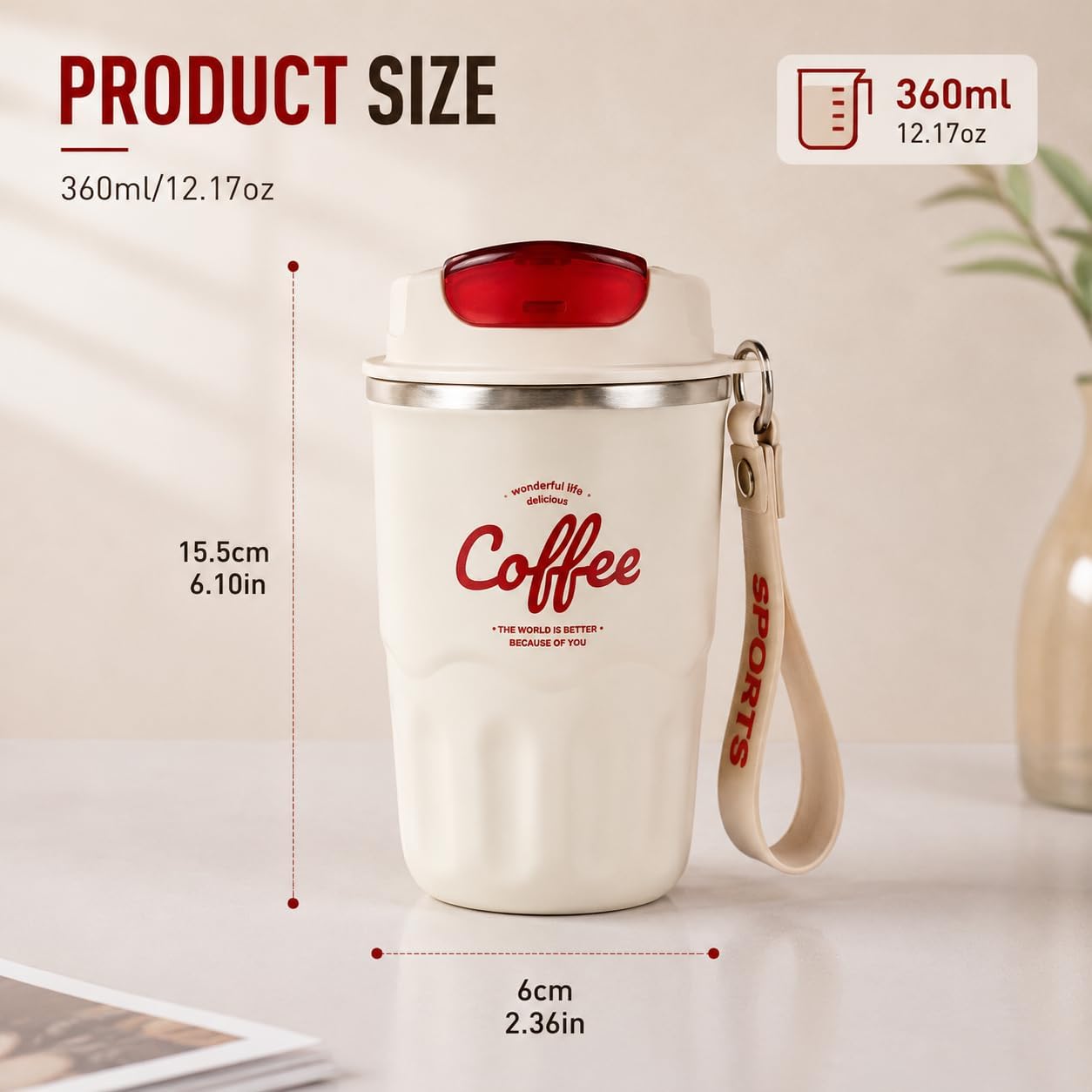 Gobelet isotherme pour café avec couvercle et poignée - Tasse de voyage portable en acier inoxydable 316 - Double paroi pour boissons chaudes et froides (rouge, affichage de la température)
