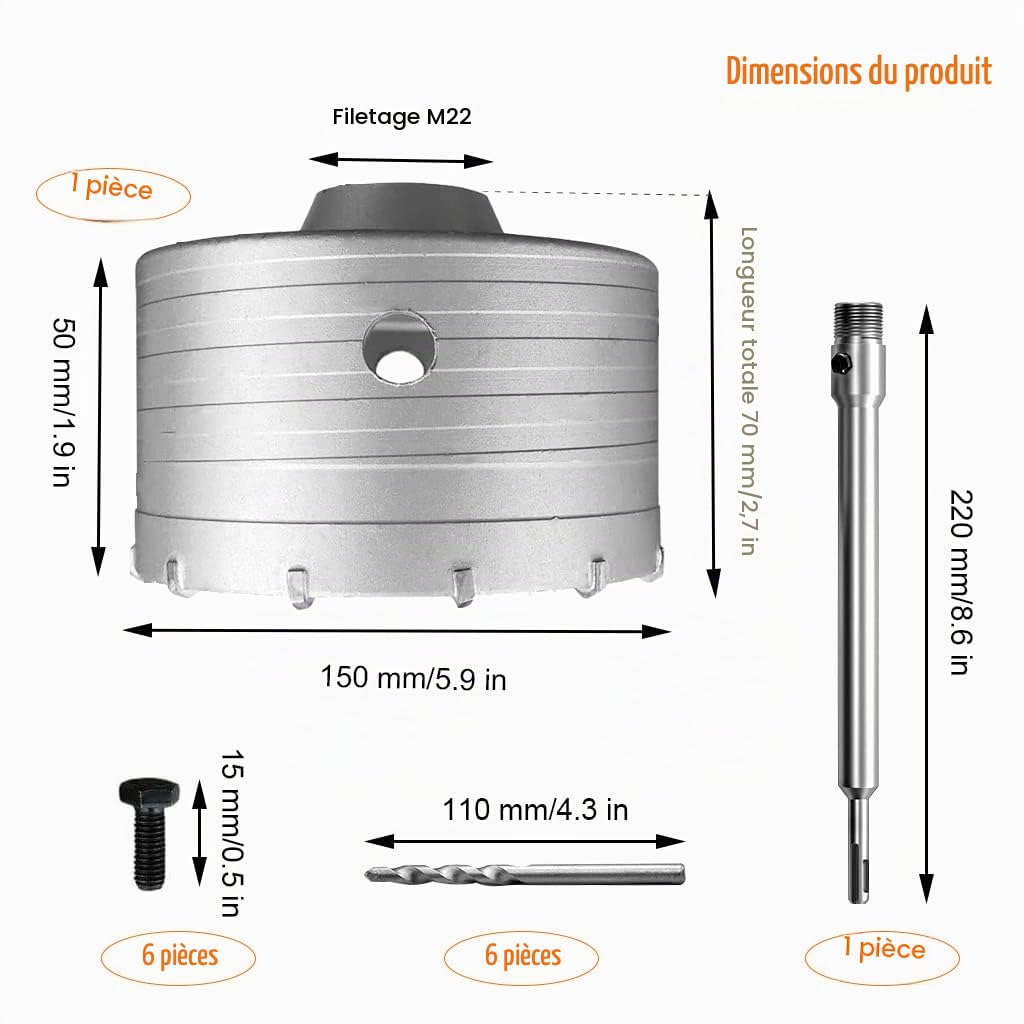 Scie à Cloche Trépan Ø150 mm, Mèche de forage en béton avec manche rond de 220 mm SDS Plus, Forage Outils de Noyau Creux Trépan de Carottage pour Marbre, Granit, Béton