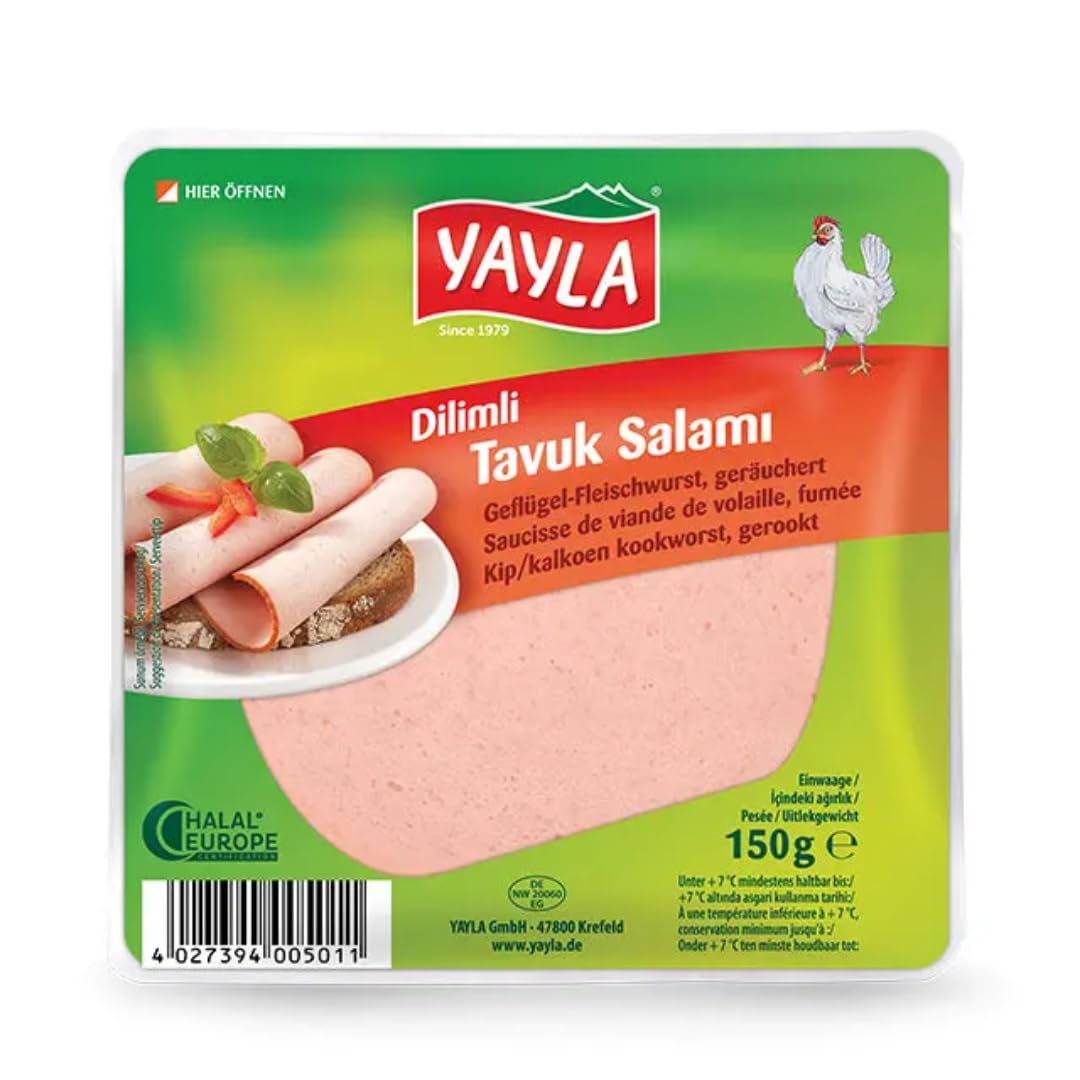 Yayla, Geflügelfleischwurst in Scheiben, Hühnersalami, Aufgeschnittene Frühstückssalami, Köstliche Hühnersalami 150 GrammX 6 Packungen