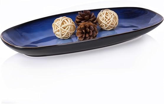 Blue Decorative Bowl 11" Long Oval Ceramic Bowl, Ocean-Inspired Accent Dish for Keys, Jewelry, Candy or Fruit, Modern Blue Decor Tray for Entryway Table, Coffee Table, Kitchen Counter or Home Decor