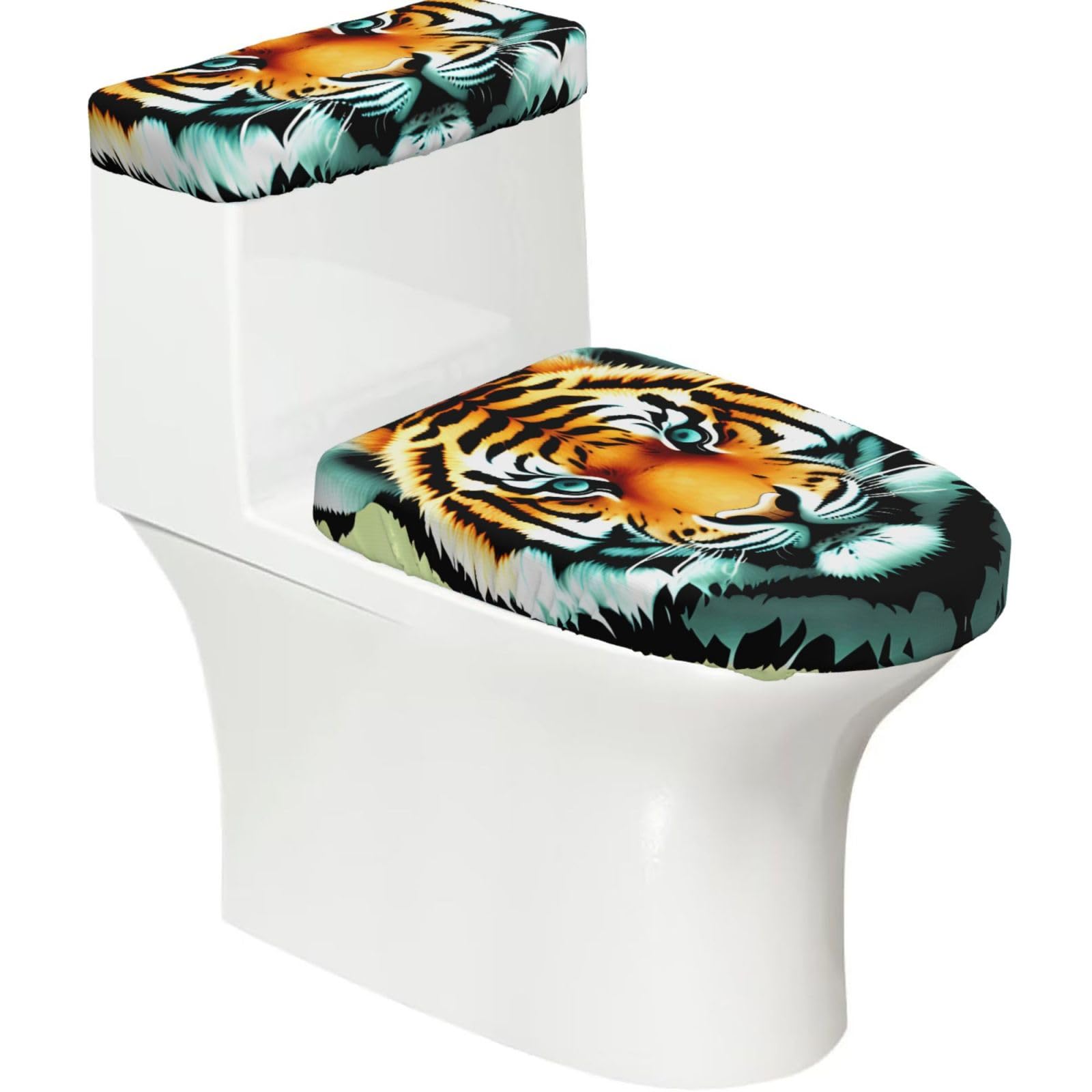 Little Fat Tiger Head Elastic Toilet Cover Set of 2-Stretchy Lid and Tank Covers for Bathroom, Soft Washable U Shape Toilet Decor