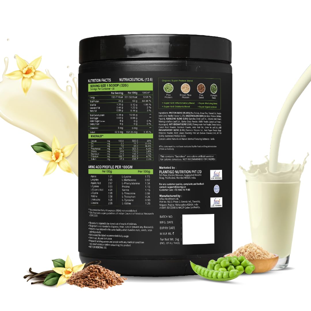 Plantigo Clean Plant Protein Powder | No Preservatives, No Banned Substances | Super Protein Blend - Pea, Brown Rice, Flax & Pumpkin| Protein For Men, Women (Vanilla Flavor - 1Kg + Shaker 600ml)