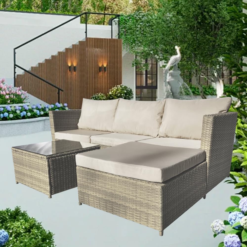 4 Seater Outdoor Rattan Garden Furniture Classical Corner Dining Set with sponge padded water resistant cushions and Tempered Glass Table good for Garden, Backyard (Sofa Mixed natural+Brown Cushion)