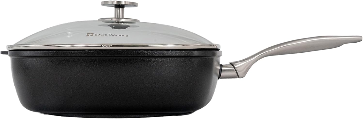 Swiss Diamond Nonstick Hybrid Ceramic and Diamond-Infused Square Saute Pan With Glass Lid, Dou Ceramic, Dishwasher & Oven Safe Up To 500 °F, 11 x 11-Inches