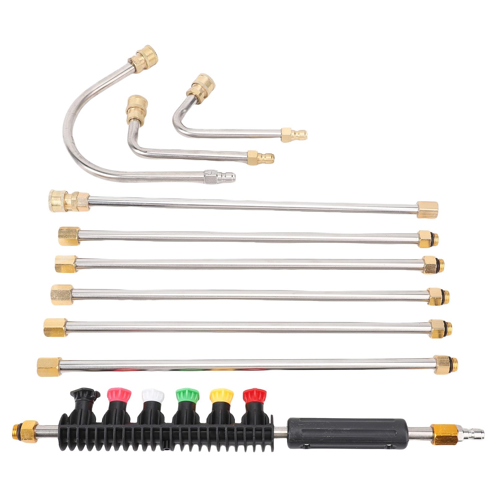Jeffergarden Kit de Varilla de Extensión para Lavadora a Presión, Varilla de Extensión para Lavadora Eléctrica de Latón y Acero Inoxidable con 7 Varillas Rectas, 3 Varillas Curvas, 6 Puntas de