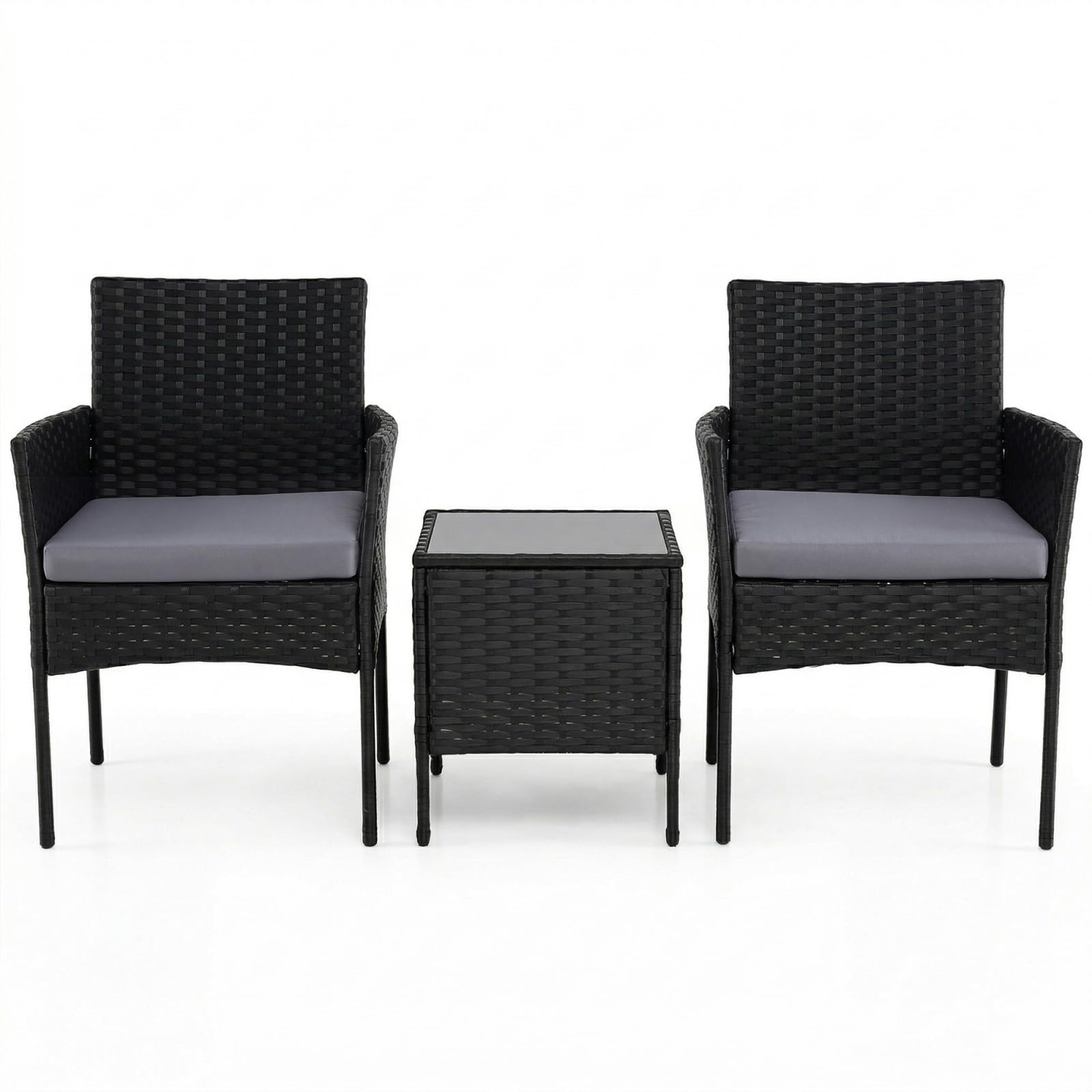 GIANTEX Juego de Muebles Jardín 3 Piezas, 2 Sillones con Cojines Extraíbles y Mesa Auxiliar de Vidrio, para 2 Personas, Muebles de Ratán Exterior para Patio, Balcón, Terraza (Gris)