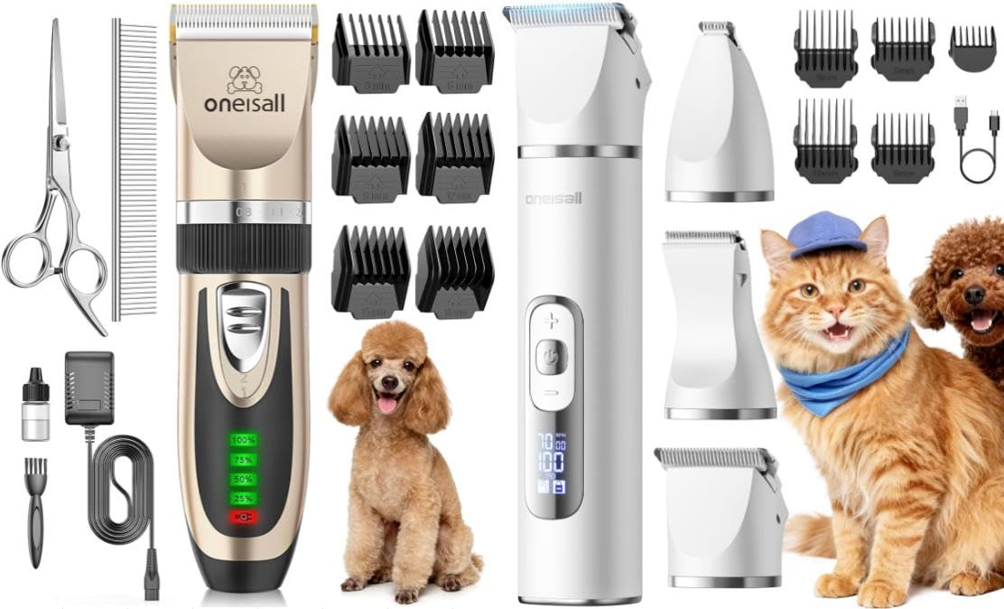 oneisall Bundle: Leise Hundeschermaschine (2000mAh, 4h Laufzeit) + 3-in-1 Profi Schermaschine für Katzen & Hunde – LCD-Anzeige Pfotentrimmer für Pfoten, Hintern, verknotetes Fell, Dingleberry & dichte