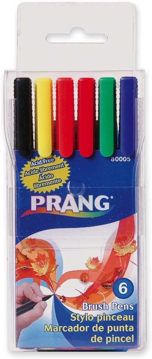 Prang Brush Pens, Acid-Free, Flexi-Tip, Water-Based, Washable, Assorted Colors, 6-Pack (80005)