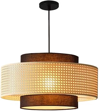 Hanging Light Fixture-Rattan Retro Japanese Style E27 Chandelier Fabric Lampshade with Adjustable Cord Adjustable Bamboo Wicker Hanging Lamp, for Farmhouse Dining Room Living Room