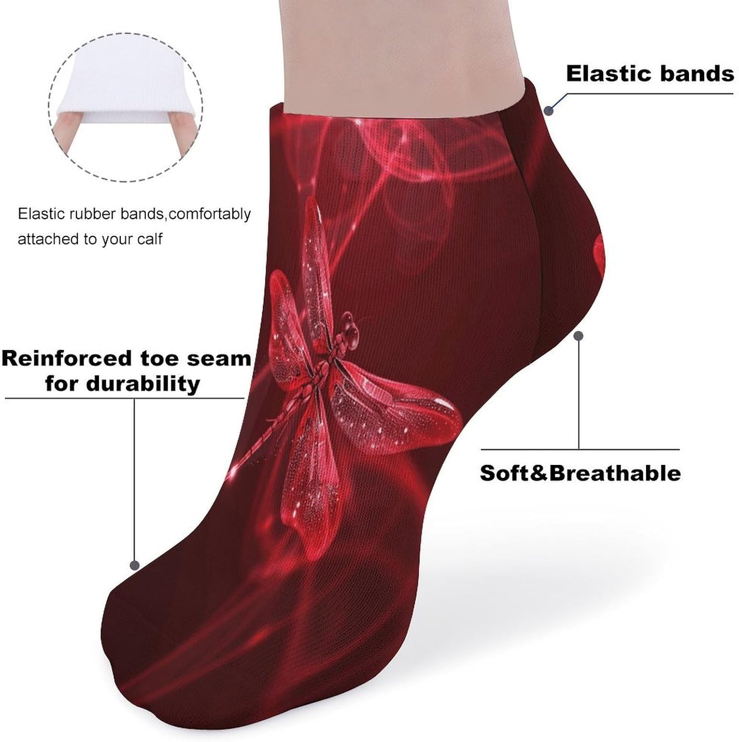 Socks for Men Women 5 Pairs Short Ankle Socks | Abstract Red Dragonfly Low Cut Casual Crew Sock Cute Breathable Athletic Socks Non Slip No Show Sock