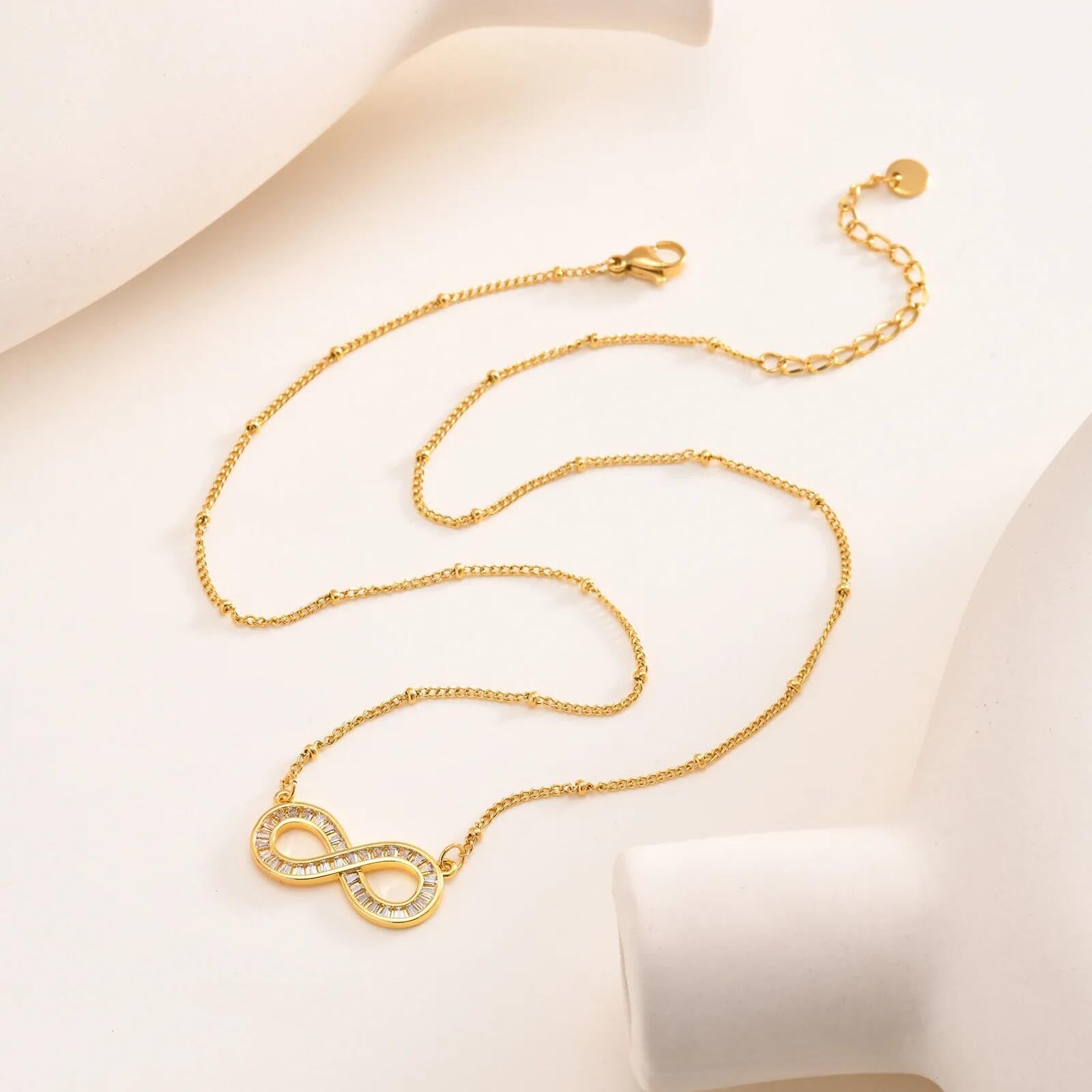 Collana in lega con perline catena a perline in acciaio inossidabile placcata oro zircon di rame Infinity Fashion love You Forever Pendente regolabile per donne ragazze e ragazzi