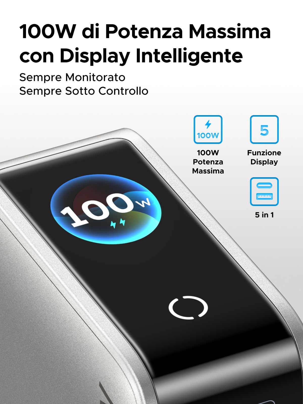 UGREEN Nexode Pro Caricatore USB C 100W Ricarica Rapido Schermo TFT | 5 Porte PD 3.0 PPS 45W Compatibile con Galaxy S26 S25 Ultra MacBook iPad, iPhone 17 Pro Max Air 16 15 14 13 Steam Deck