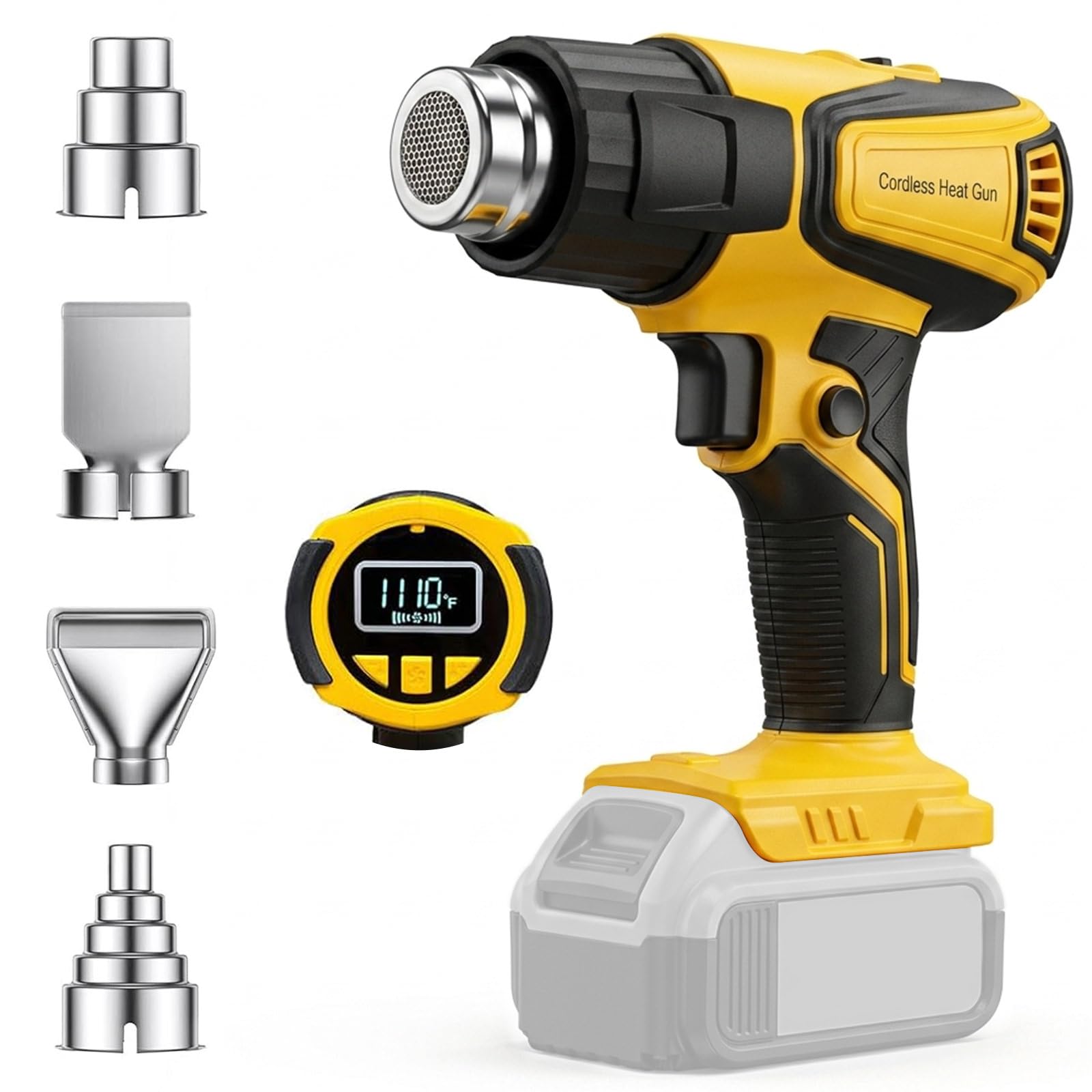 Kabellose Heißluftpistole, 350 W, kompatibel mit Dewalt 20 V Akku, einstellbare Temperatur 48,9 °C – 598,9 °C, LED-Licht, tragbare Heißluftpistole, LCD-Digitalanzeige und 4 Düsen für Schrumpfschläuche