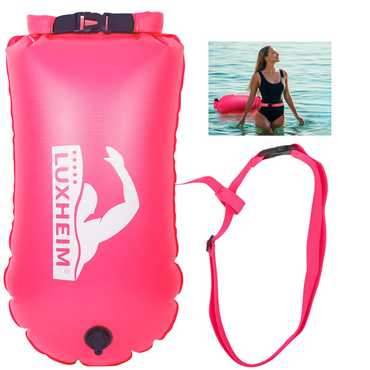 LUXHEIM 28L Schwimmboje Trockensack mit Doppelairbag, Aufblasbare Schleppschwimmer Boje für Erwachsene Freiwasser Open Water, Gut Sichtbar bis 900 Meter für Schwimmen, Triathlon, SUP, Schnorcheln