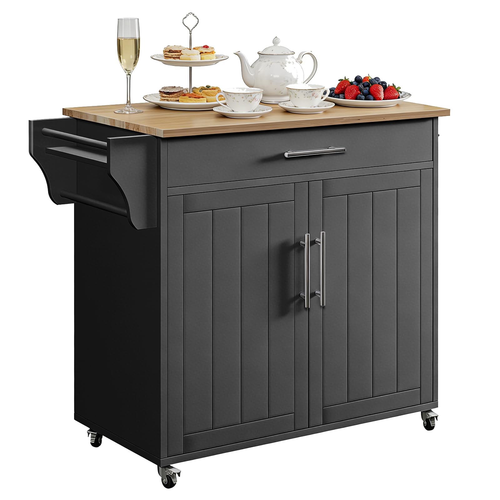 Jarenie Kitchen Storage Island, Wooden Rolling Kitchen Island On Wheels with Countertop, Mobile Kitchen Island Cart with Towel Rack, Spice Rack and