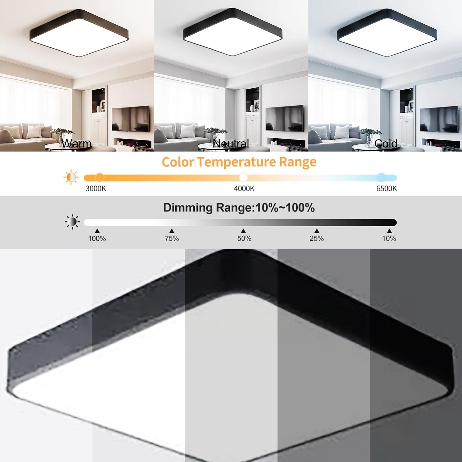 Nowoczesna kwadratowa lampa sufitowa LED 61 cm (24 cale), możliwość ściemniania, 64 W, czarna, do salonu lub sypialni.