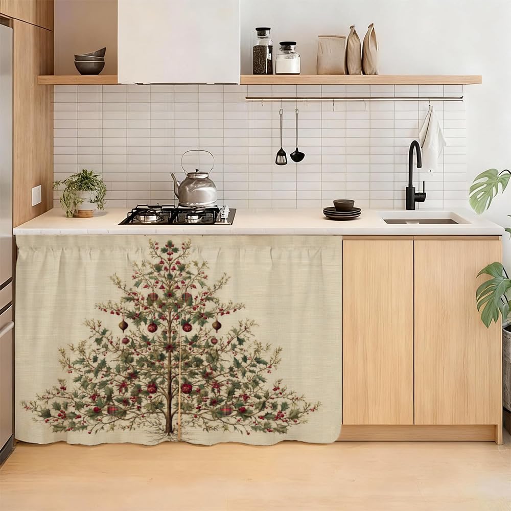 Self Adhesive Vintage Evergreen Tree Cabinet Curtain for Mother's Day, 39x28 Inch Rustic Pine Under Sink Skirt No Drill, Spring Cleaning Kitchen Decor, Hook and Loop Laundry Valance