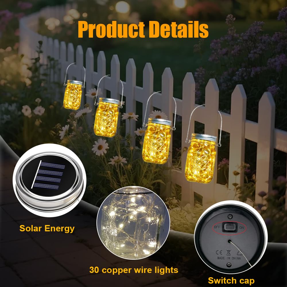 6 luci solari di ricambio, 30 LED Mason Jar, lanterna solare per esterni, con ganci, impermeabili, con coperchio per barattoli, per giardino, terrazza, balcone, feste