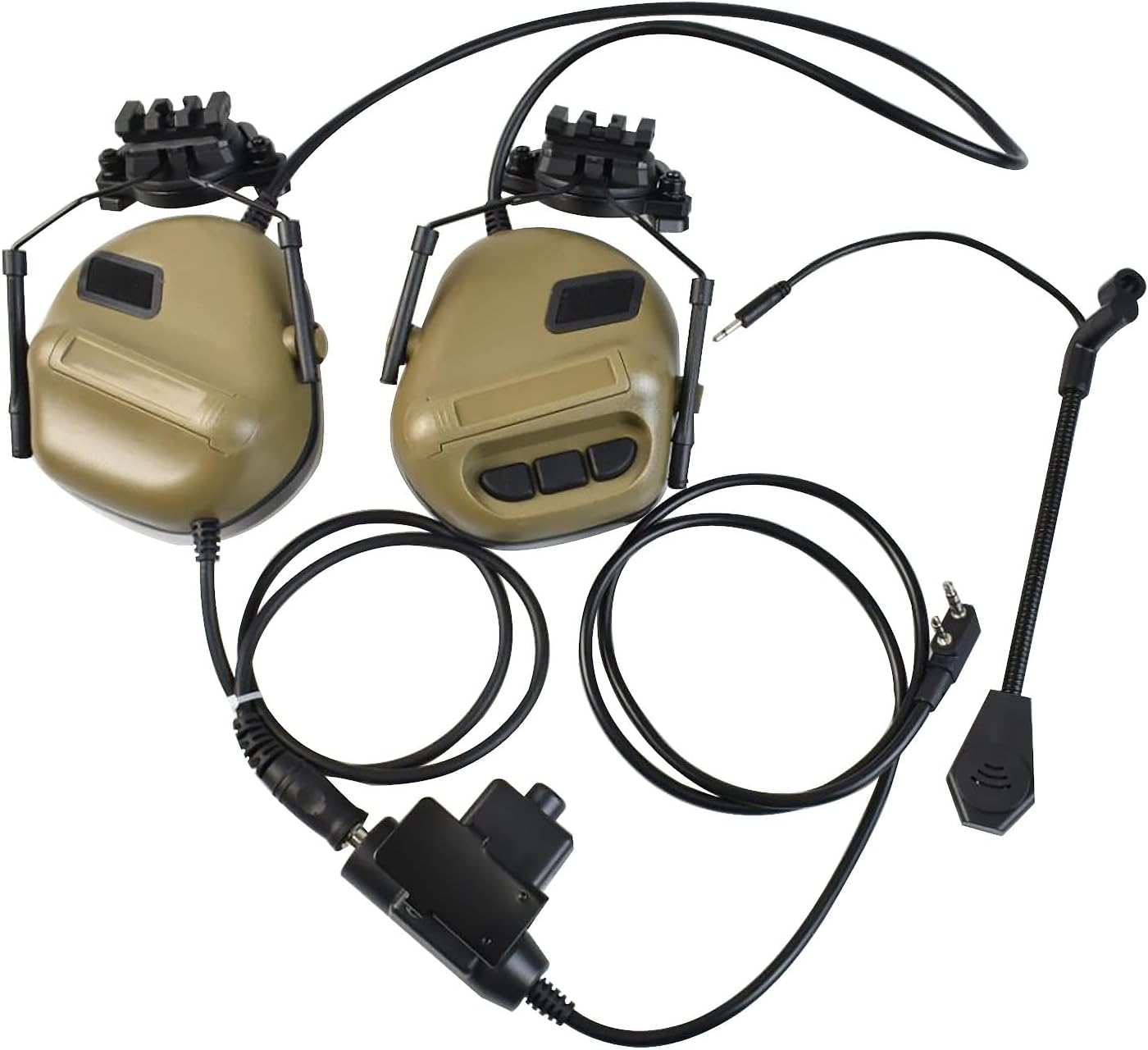 Helmet Mode Tactical Shooting headset + with U94 PTT 2pin with ARC Rail Adapter Noise Reduction & Sound Pickup Ear Protection (TAN)