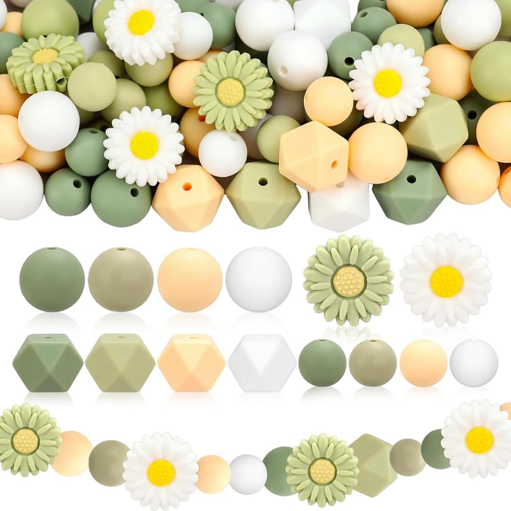 Hndhbfgrt 100 Pcs Daisy Flower Silicone Round Hexagon Loose Rubber Beads for DIY Crafts Jewelry Necklace Bracelet Keychain Making Silicone Beads Green