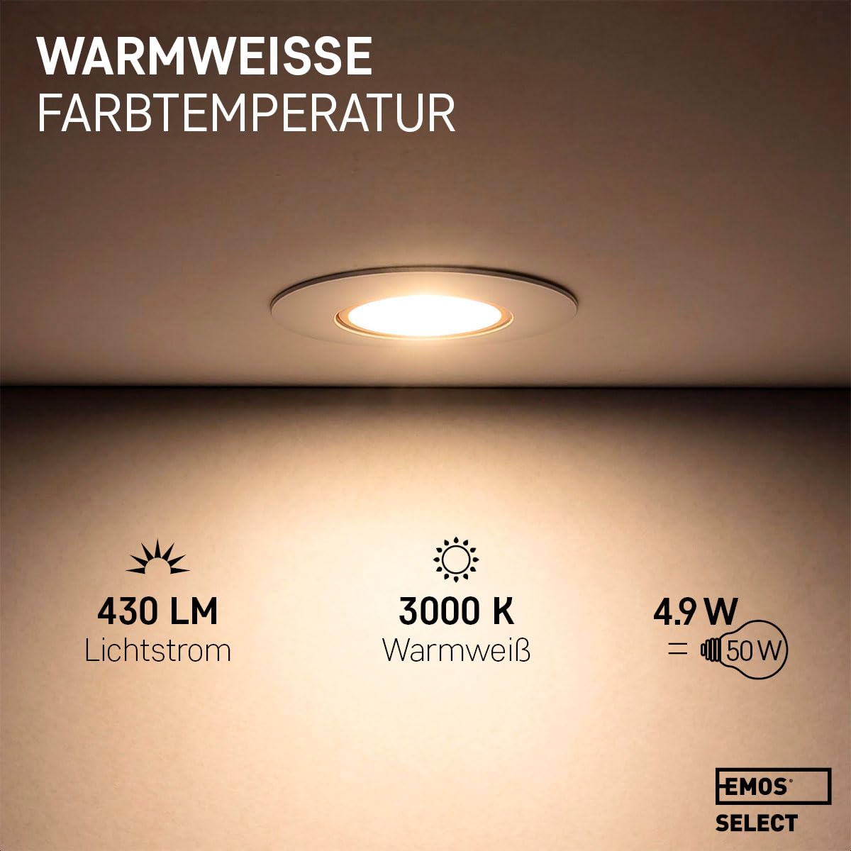 EMOS LED Spots 230V 4.9W 430lm 50° Schwenkbar Einbaustrahler warmweiß 3000k Deckenspots Flach 68mm Lochmaß Set 12 Stück